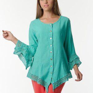 Turquoise Blue Top Oversized Long Sleeve Lace Cotton Blouse -Size XL- NWT